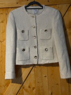 Mango (MNG) Ecru Tweed Pocket Jacket with Gold Jewel Buttons - Size M Wool Blend